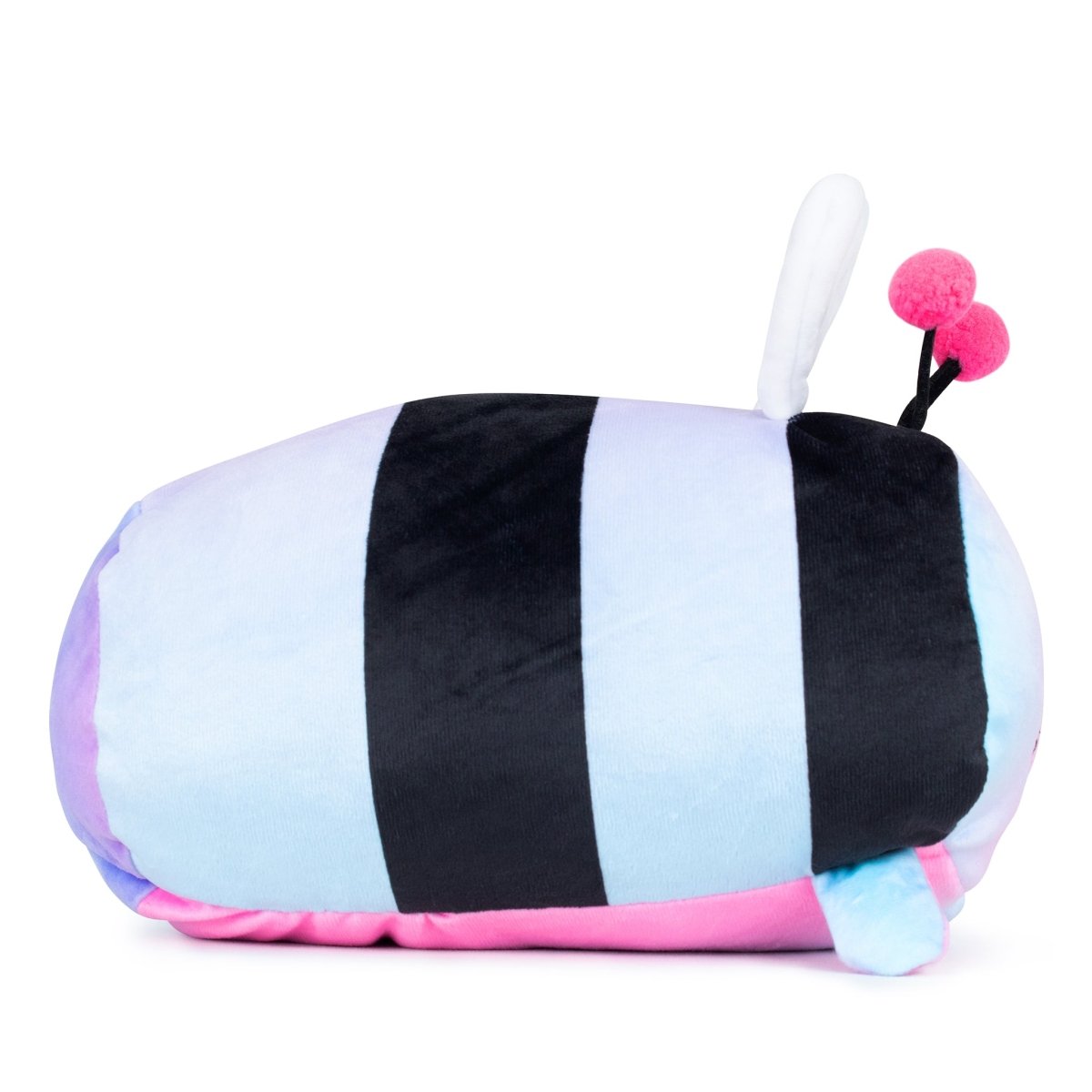 Meet Melody the Bee Plushie, a perfect Easter Basket Buddy with pastel blue, pink, and black stripes, black antennae topped with pink pom-poms, a small white wing on top, and Sensory Softness.