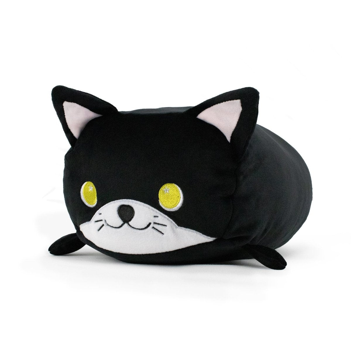 Meet Midnight the Cat Plushie, an adorable, round stuffed toy from Moosh-Moosh. This cute black cat plush features large yellow eyes, white inner ears, and a white muzzle with a small smiling mouth. Soft and squishy with stubby legs, its overall cuddly appearance makes it perfect for snuggling.