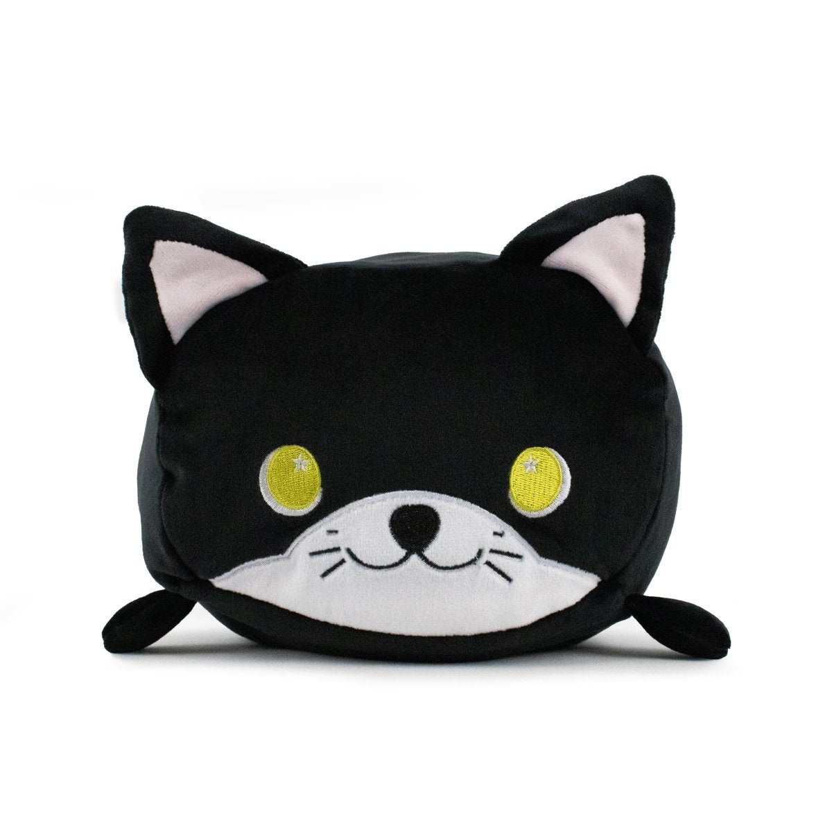 Introducing Midnight the Cat Plushie by Moosh-Moosh, a soft and squishy animal pillow designed with a black cat&#39;s shape. This adorable plush features yellow eyes, a white snout, small pink inner ears, and short legs. With its rounded, square-like body and minimalistic details, it&#39;s perfect for cuddling.