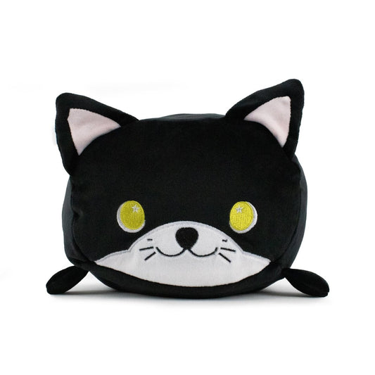 Introducing Midnight the Cat Plushie by Moosh-Moosh, a soft and squishy animal pillow designed with a black cat's shape. This adorable plush features yellow eyes, a white snout, small pink inner ears, and short legs. With its rounded, square-like body and minimalistic details, it's perfect for cuddling.