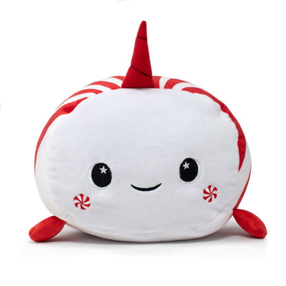 Mintie the Narwhal Mint Plushie is a soft white plush toy with a red striped horn, red flippers, a smiling face, and peppermint designs on its cheeks—perfect for holiday décor or your Christmas plushie collection.