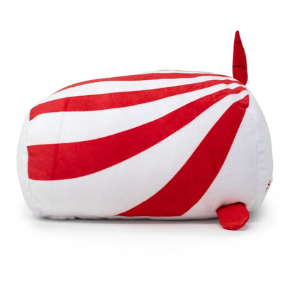 Mintie the Narwhal Mint Plushie is a rounded, rectangular plush toy with red and white peppermint swirls and two small red fins—perfect for Christmas gifts or festive holiday décor.