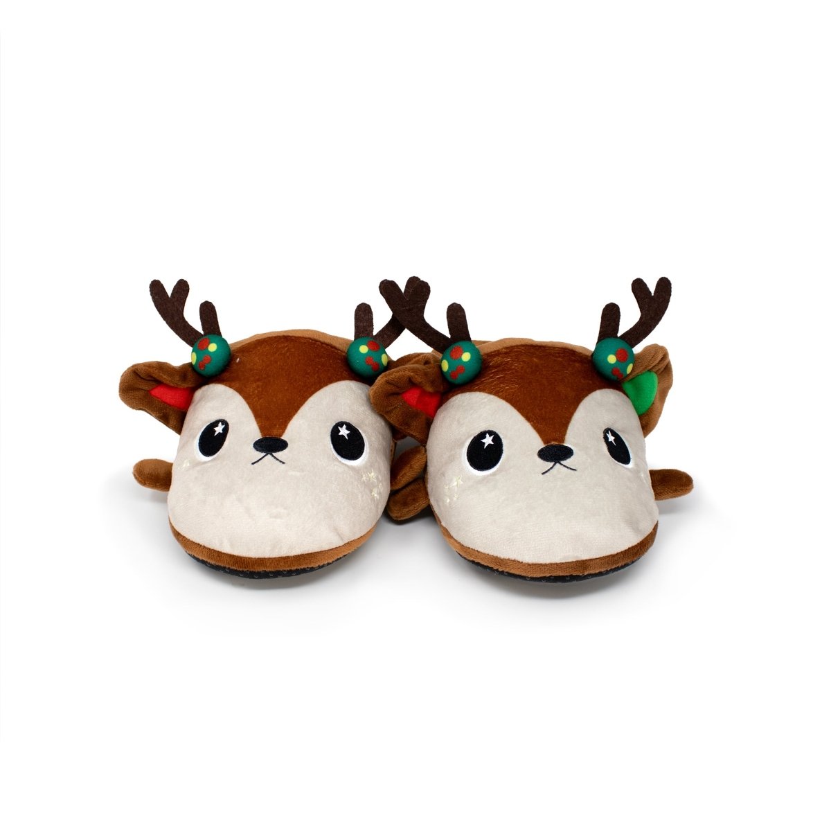 Mitzy the Reindeer Slippers are plush with big eyes, antlers, and tiny Christmas holly decorations on their ears, resembling your favorite plush toy against a white background.