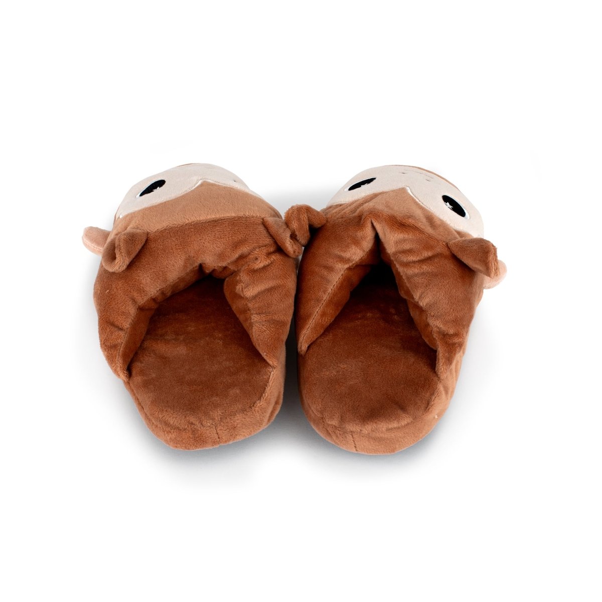 A pair of Chunky Monkey Kids Slippers, brown with embroidered monkey faces, eyes, and ears, are placed side by side on a white background.