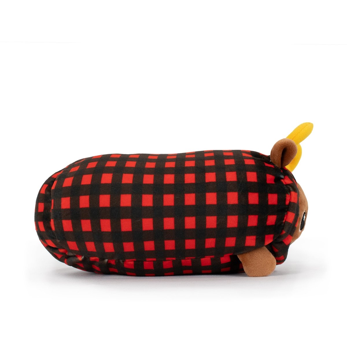 Eduard the Moose Slumber—an adorable plush toy shaped like a log, featuring a black and red plaid pattern, brown legs, and yellow antlers—makes a perfect holiday or Christmas plush decoration.