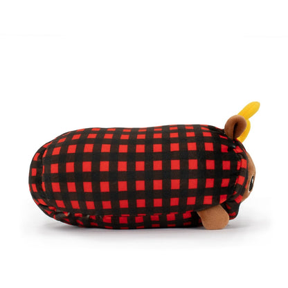 Eduard the Moose Slumber—an adorable plush toy shaped like a log, featuring a black and red plaid pattern, brown legs, and yellow antlers—makes a perfect holiday or Christmas plush decoration.