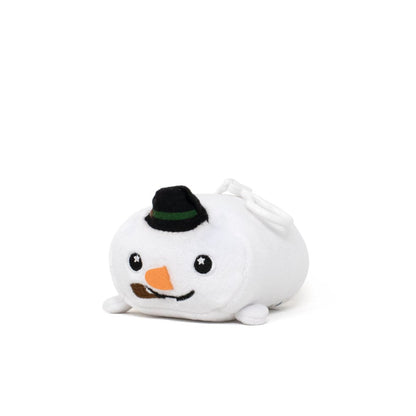 Meet Jack the Snowman Clip-On, a charming plush toy with a black and green hat, an orange carrot nose, and a cheerful face, all set against a plain white background.
