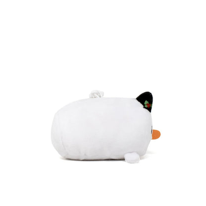 A plush toy shaped like a white cat, featuring small black ears, an orange nose, and tiny white feet lies on its side against a plain white background. This charming plushie captures hearts with its cozy appearance. Product: Jack the Snowman Clip-On.
