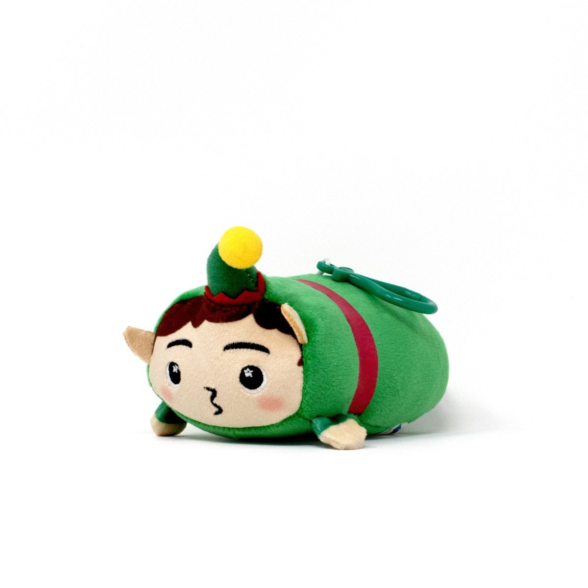 Jingle the Elf Clip-On sits against a white background, making it the perfect holiday plushie or stuffed keychain accessory.
