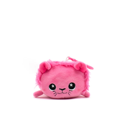 A pink, small-sized plush clip-on resembling a lion with big eyes and tiny ears sits against a white background.