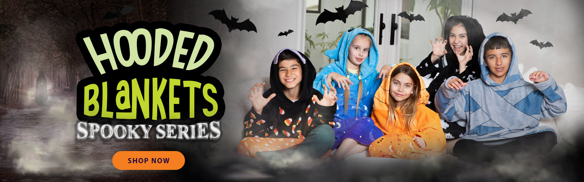Promotional banner for hooded blankets with people wearing colorful hoodies against a Halloween-themed background.