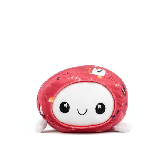 The Boo Spooky Slumber Plushie is a round, pink stuffed plushie with a white face, big starry eyes, smiling mouth, small white arms, playful confetti patterns, ultra-soft fabric, and a cute ghost on its surface.