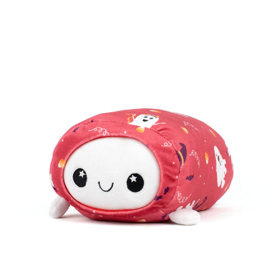 The Boo Spooky Slumber Plushie is a cute, round stuffed toy with ultra-soft material, a white face, starry black eyes, and a red body featuring Halloween designs like ghosts and candy. It has stubby limbs and a soft, friendly look.