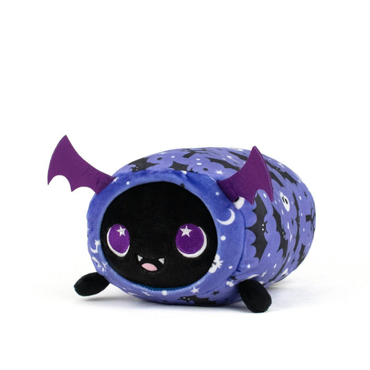 Meet the Cassie Spooky Slumber Plushie—a cute, round bat plush with purple wings, big eyes, a black face, and a cozy purple night sky pattern with stars, moons, and bats. Made from ultra-soft materials for ultimate snuggles!.