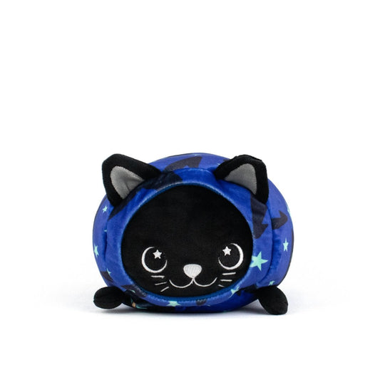 The Fortune Spooky Slumber Plushie is a round black cat plushie with embroidered eyes, small black paws, and gray-centered ears. It wears a blue hood adorned with stars and lightning bolts, and is made from ultra-soft materials.