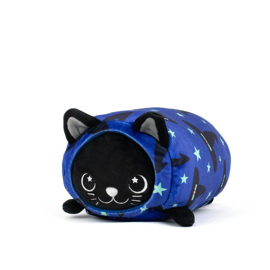 The Fortune Spooky Slumber Plushie is a round, ultra-soft black cat stuffed toy with big eyes, a small smile, pointed ears, tiny black paws, and blue star-and-cat-face fabric for pajamas.