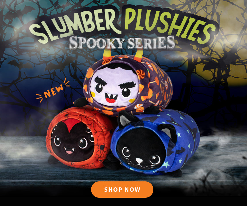 Three Slumber Plushies in Halloween-themed designs on a dark background with 'Slumber Plushies Spooky Series' text.