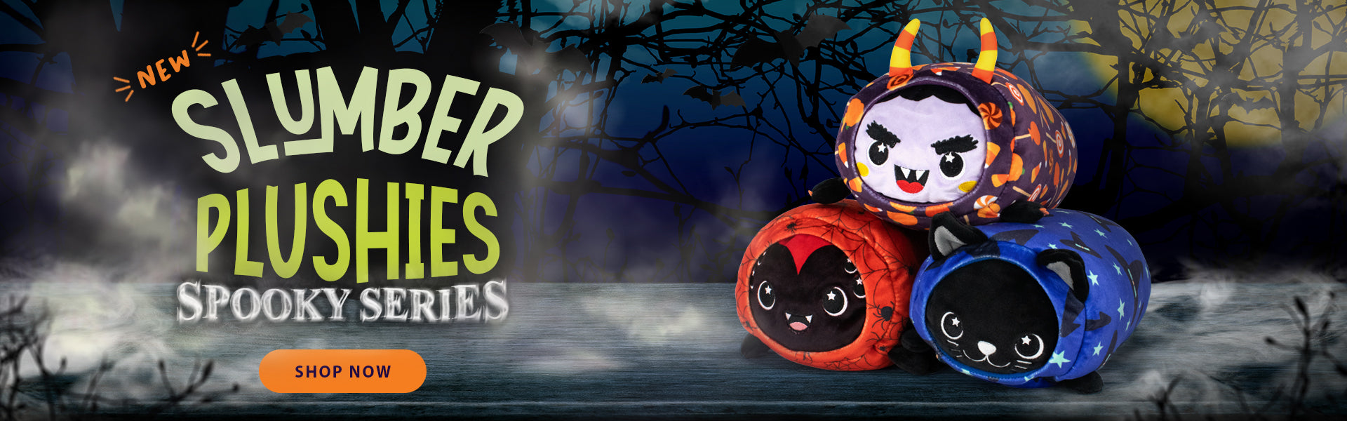 Slumber Plushies Spooky Series with promotional text and a dark, Halloween-themed background.