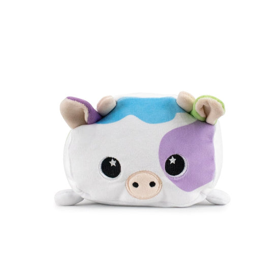 Mootilda the Cow Plushie is an ultra-soft, pastel-colored plush toy with a cute face and starry eyes. It features blue, purple, and green patches on a white body with beige horns and a small snout—ideal for springtime fun against its plain white background.