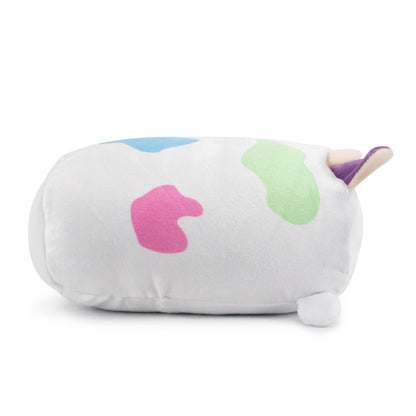 Mootilda the Cow Plushie is a rounded, ultra-soft toy with a white body and colorful patches in pink, green, and blue. It features small ears and horns for added charm, evoking springtime fun as it rests on its side against a white background.