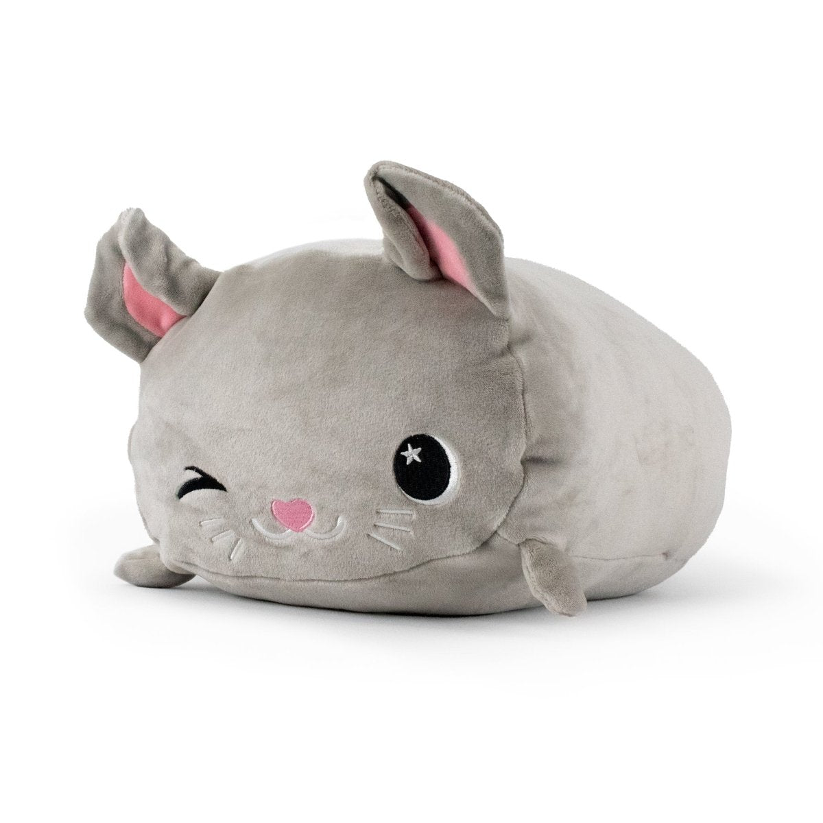 Mousey the Mouse Plushie is an adorable gray plush toy with pink inner ears and nose. It features a playful expression, with one eye open showcasing a star inside and the other winking, as it rests against a white background.