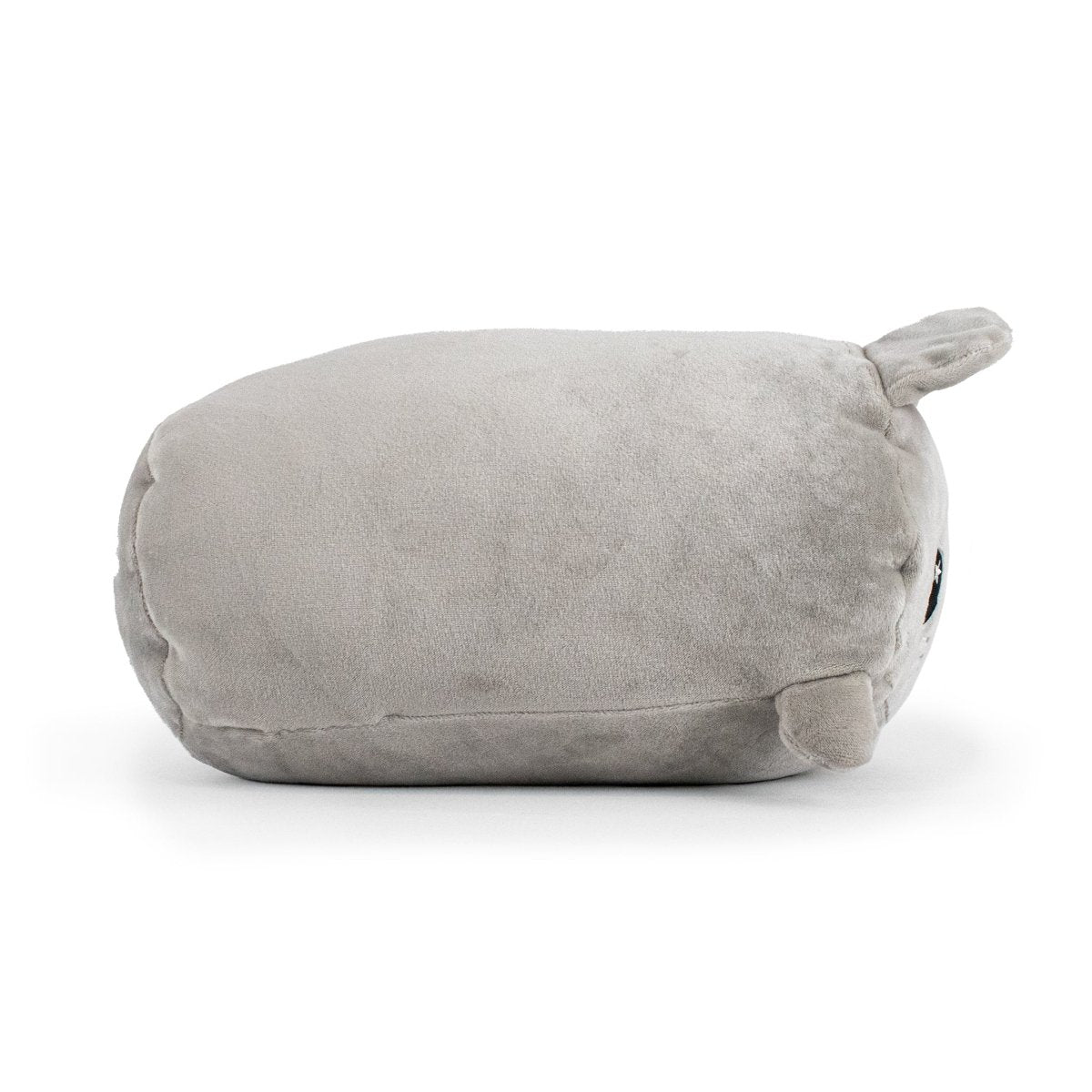 Mousey the Mouse Plushie, a cute, soft pillow shaped like a gray stuffed animal with small ears and tiny legs, lies on its side against a white background.