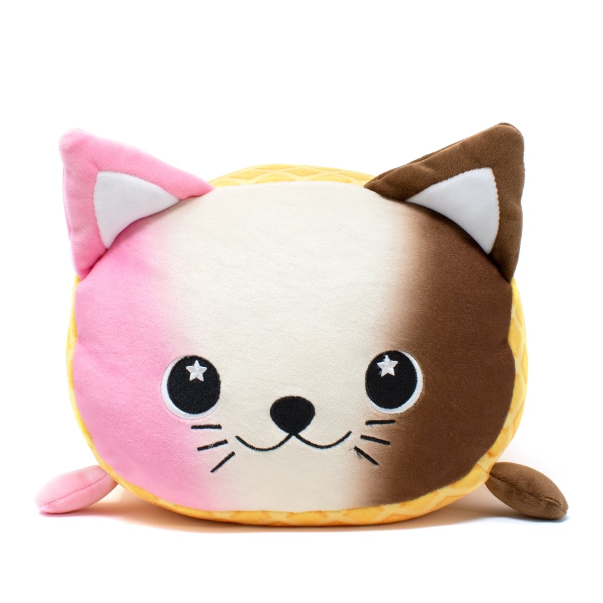 Napoleon the Ice Cream Plushie is an adorable cat-shaped plushie with a half pink, half brown face. It features large round eyes with star pupils, pink and brown ears, and a small smile, making it irresistibly soft and cuddly.