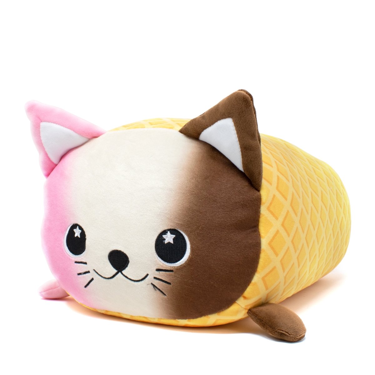 Napoleon the Ice Cream Plushie is a soft, adorable toy featuring a cute cat with a pink and brown face. It wears a yellow waffle-patterned cover like a dessert, with big round eyes and small ears for an irresistibly whimsical look.