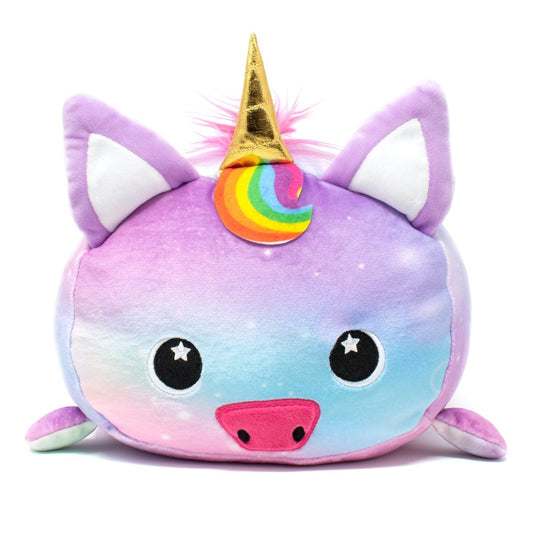 Nebula the Unicorn Plushie is a galaxy-colored toy with a purple, pink, and blue gradient. It features a golden horn, rainbow swirl on its forehead, starry big eyes, and small side wings—an enchanting soft stuffed animal.