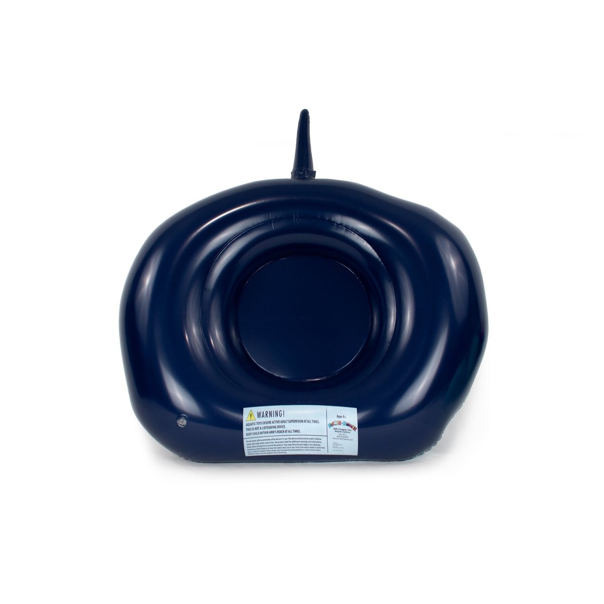 The Neptune 32" Inflatable Pool Float is a black whale-shaped inflatable with a small tail, circular seat, and visible warning label—ideal for playful pool parties.