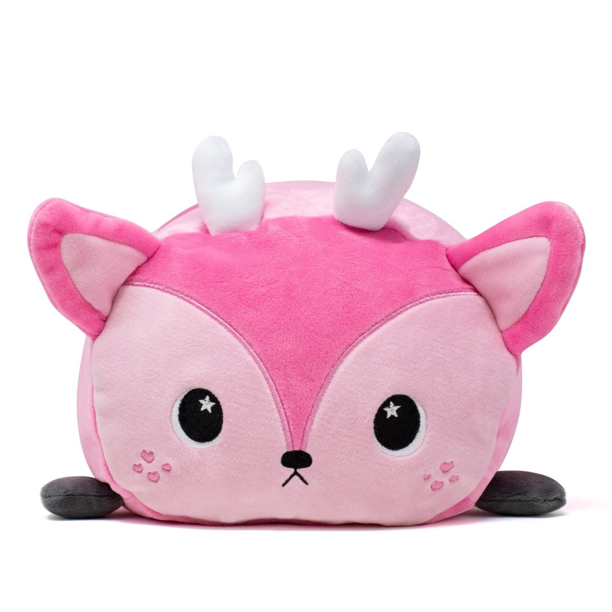 Odie the Doe Plushie has a pink plush design with antlers, big eyes, a small black nose, and heart-shaped cheeks. Its ultra-soft round body and short dark feet make it an adorable gift option for Valentine's Day.