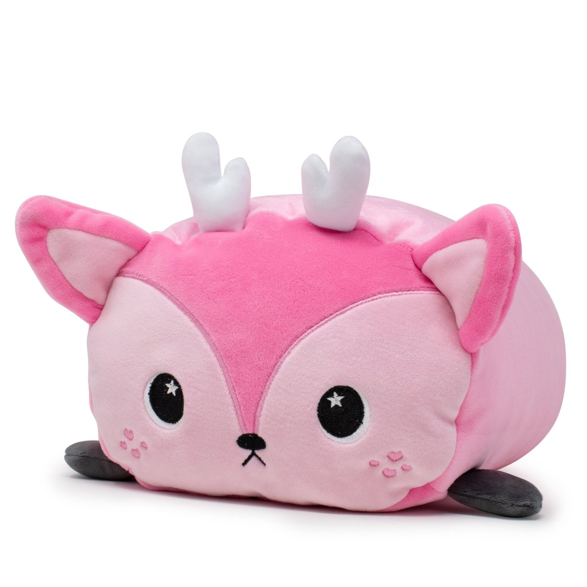 Odie the Doe Plushie makes an ideal Valentine's gift, crafted from ultra-soft plush with a pink body, white antlers, big cartoon eyes, heart-shaped cheeks, pink ears, gray legs, and an adorable expression. Perfect for stuffed plushie enthusiasts!.