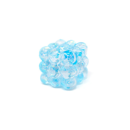Introducing Bubblegum’s Favorite Toy - Glitter Bubble Cube: a compact, translucent blue sensory stress toy crafted from squishy gel-filled beads clustered in a cube shape, shown isolated on a white background.