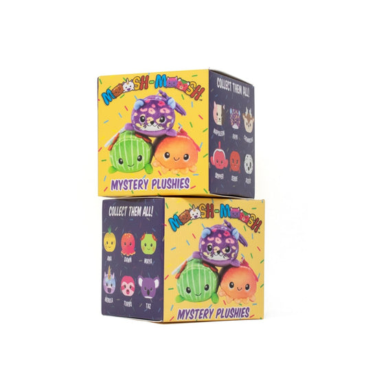 Two boxes of "Moshi-Moshi" Mystery Mini Clipz stacked, each featuring colorful cartoon designs from the Moosh-Moosh Series 5. The boxes display images of adorable collectible characters and the slogan "Collect Them All!" on a cheerful yellow background.