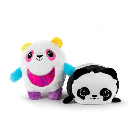 The Daisy and Panda Monstah Pair includes a colorful upright plushie with yellow ears, blue arms, purple feet, and a shiny pink mouth, plus a cuddly black-and-white plushie lying down with a simple round face.