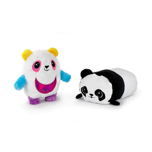 Meet the Daisy and Panda Monstah Pair: Daisy is a bright plush with yellow horns, blue arms, and a big pink mouth, while her buddy is a black and white panda plush lying on its belly.