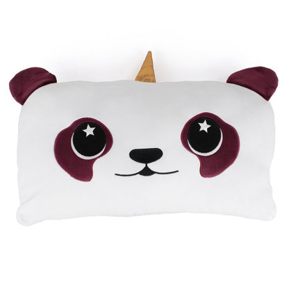 Patty the Red Pandacorn Sleep Pillow is a rectangular white pillow with a cute cartoon panda face, maroon ears and patches, plus a yellow unicorn horn—perfect as a squishy sensory pillow for cozy comfort.