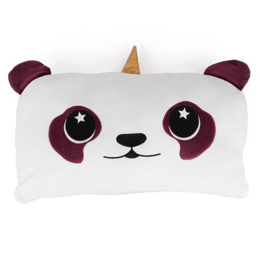 Patty the Red Pandacorn Sleep Pillow is a rectangular white pillow with a cute cartoon panda face, maroon ears and patches, plus a yellow unicorn horn—perfect as a squishy sensory pillow for cozy comfort.