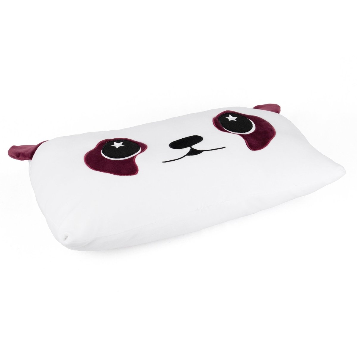 The Patty the Red Pandacorn Sleep Pillow is a rectangular white sensory pillow with a cute panda face, embroidered details, and small maroon ears—perfect for cuddling or enhancing your holiday décor.