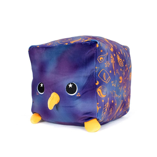 Paul the Black Bird is an ultra-soft, cube-shaped plushie with a purple and blue galaxy pattern, orange doodles, a yellow beak, starry eyes, and small yellow feet—perfect for snuggles.