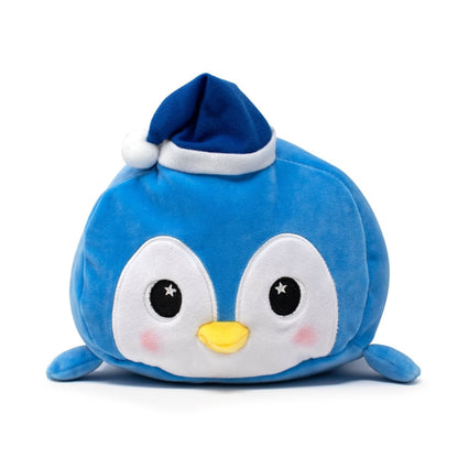 Peckington the Penguin Plushie is an irresistibly huggable, round plush toy featuring a soft blue body, white belly, large embroidered eyes, and a small yellow beak. It wears a blue nightcap with a white pom-pom and is positioned facing forward.