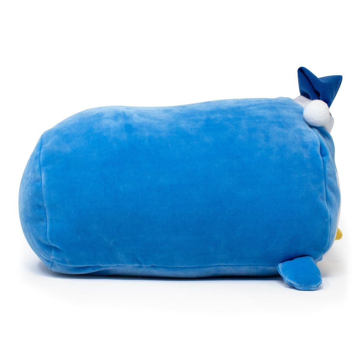 Peckington the Penguin Plushie is a blue plush wearing a blue hat, featuring small flippers and tail with a white belly and soft velvety texture. Perfect for cuddle time, this adorable stuffed animal brings joy to all who embrace it.