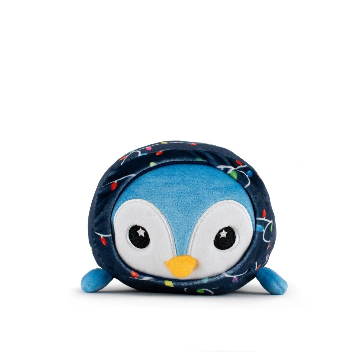 Peckington the Penguin Slumber is a round, blue plush with big eyes, a yellow beak, and small flippers. Its dark blue body features a colorful string light pattern, making it perfect for holiday plush fans.