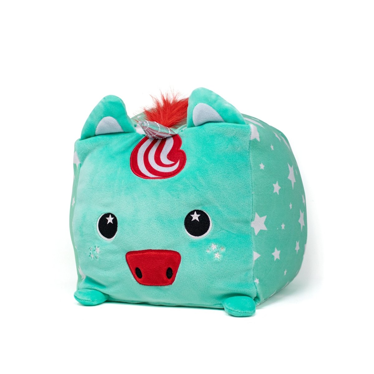 The Pepper Plushie is a mint green, square plush toy featuring large round eyes, a red snout, a striped red tuft on top, small ears, and tiny feet. Its sides are adorned with white stars for a soft and cute appearance.