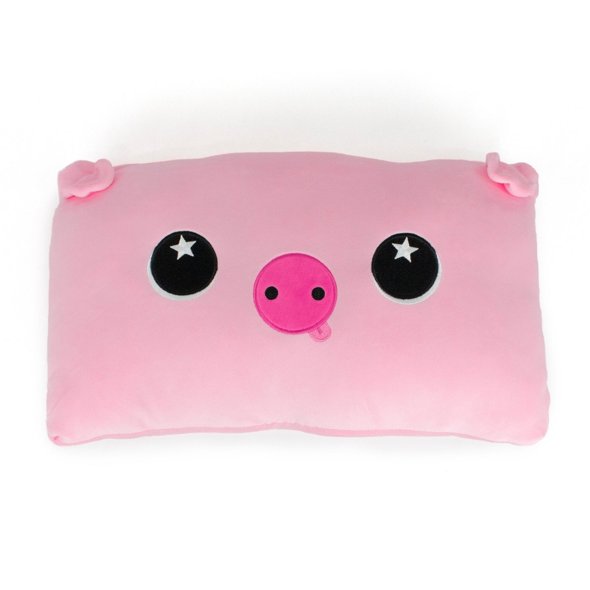 Pinky the Pig Sleep Pillow is a light pink, rectangular stuffed animal pillow with a cute pig face—large black and white eyes, round snout, and small ears—perfect for cuddling or as a fun holiday decoration.