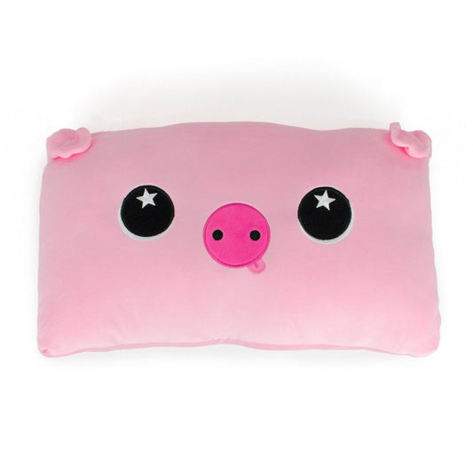 Pinky the Pig Sleep Pillow is a light pink, rectangular stuffed animal pillow with a cute pig face—large black and white eyes, round snout, and small ears—perfect for cuddling or as a fun holiday decoration.