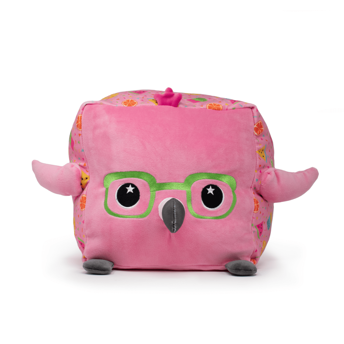 Pippin the Flamingo plush toy with bright pink feathers and green glasses from Moosh-Moosh SQUARED² Collection.
