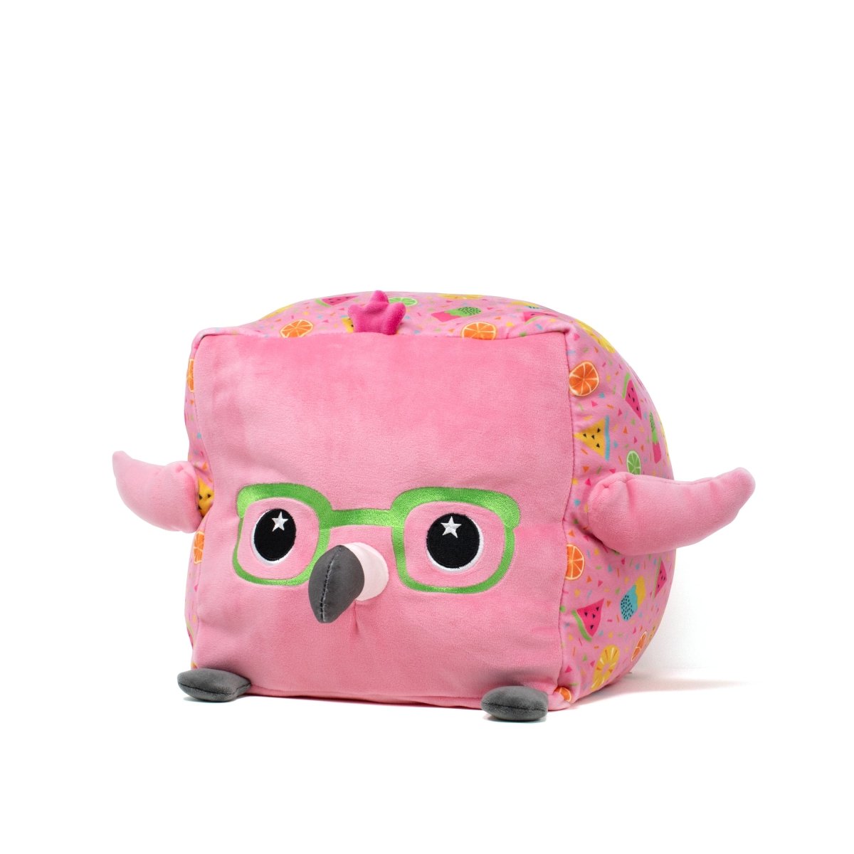 Pippin the Flamingo plush toy with bright pink feathers and green glasses from Moosh-Moosh SQUARED² Collection.