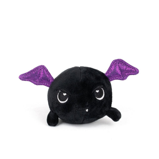 The Kai Spooky Plushy Skwishy is a round, black plush toy with small arms, embroidered eyes, and two shiny purple bat wings on each side, shown sitting on a white background.