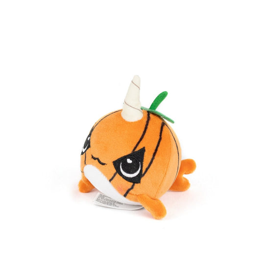 Vincent Spooky Plushy Skwishy is a round, orange plush toy with a pumpkin design, white unicorn horn, green leaf, cute embroidered eyes, and small limbs.